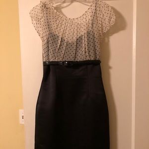 Tahari Dress polka dot chiffon/black satin sheath